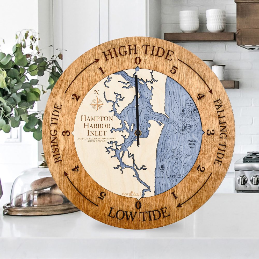 Hampton Harbor Inlet Tide Clock Americana Accent with Deep Blue Water Sitting on Countertop
