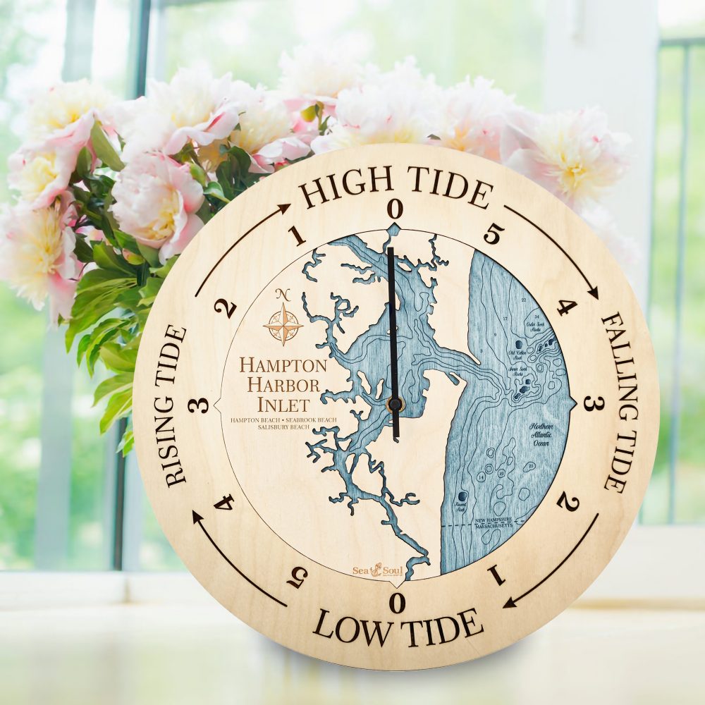 Hampton Harbor Inlet Tide Clock Birch Accent with Blue Green Water Sitting on Windowsill with Flowers