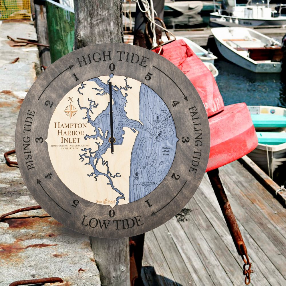 Hampton Harbor Inlet Tide Clock Driftwood Accent with Deep Blue Water Hanging on Dock Post