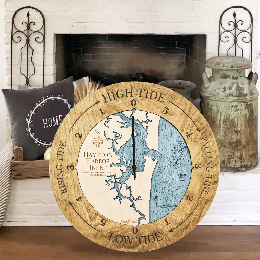 Hampton Harbor Inlet Tide Clock Honey Accent with Blue Green Water Sitting on Floor by Fireplace