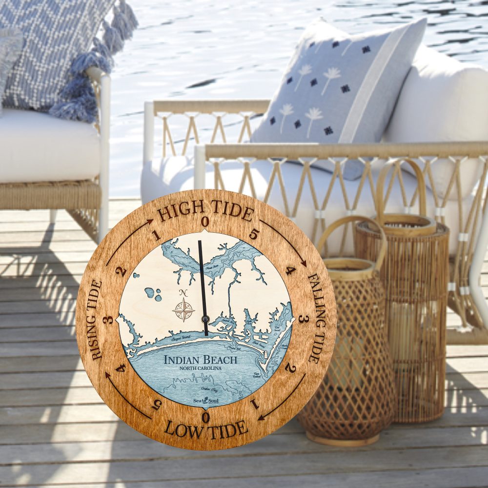 Indian Beach Tide Clock Americana Accent with Blue Green Water Sitting on Floor by Outdoor Chair