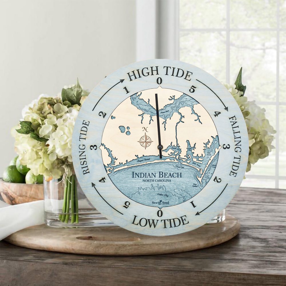 Indian Beach Tide Clock Bleach Blue Accent with Blue Green Water Sitting on Table with Flowers