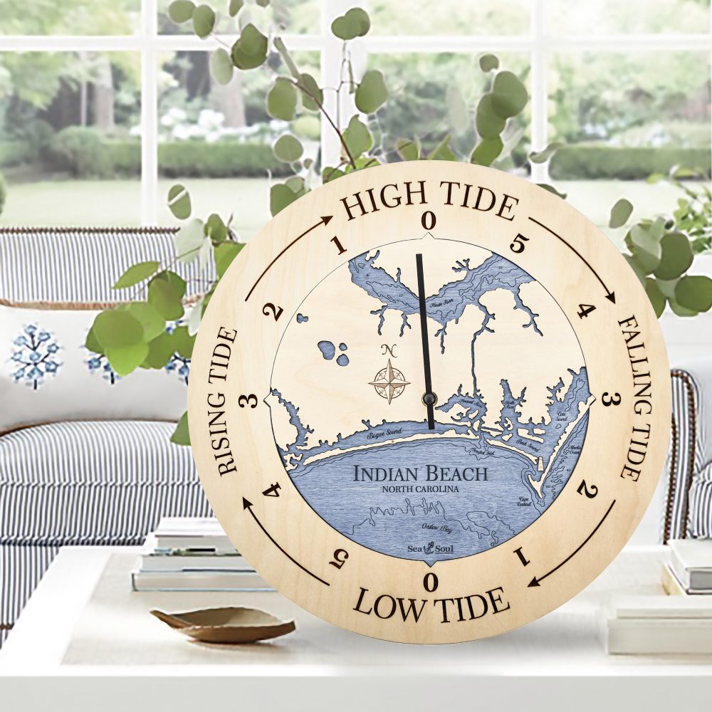 Indian Beach Tide Clock Birch Accent with Deep Blue Water Sitting on Coffee Table