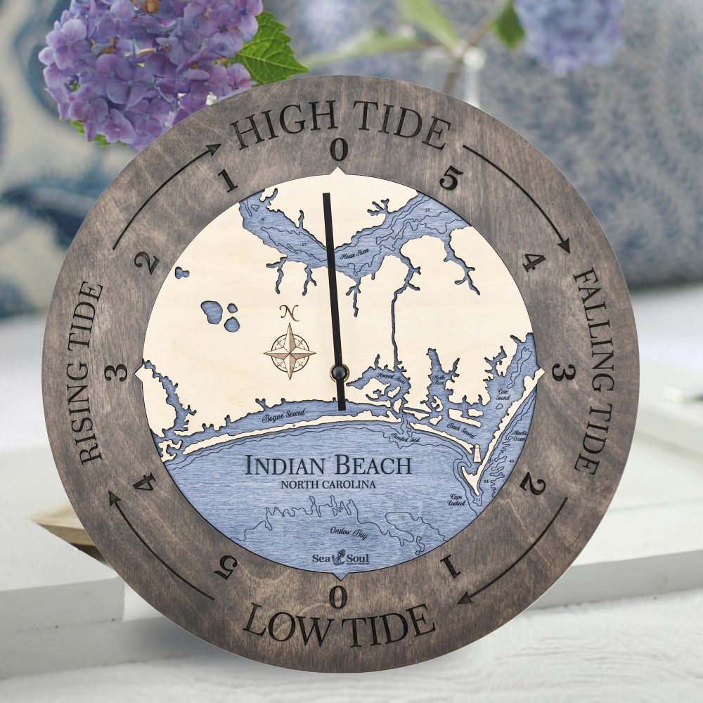 Indian Beach Tide Clock Driftwood Accent with Deep Blue Water Sitting on Table with Flowers