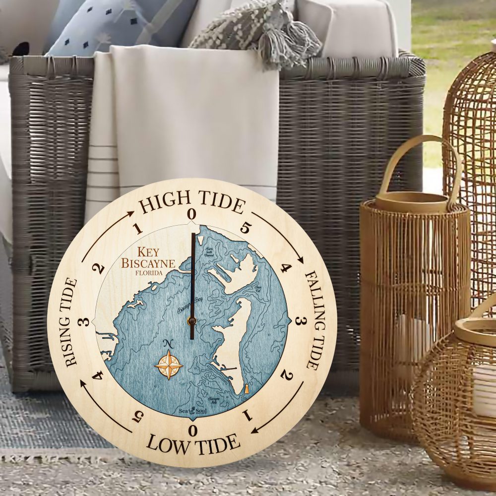 Key Biscayne Tide Clock Birch Accent with Blue Green Water Sitting on Floor by Wicker Chair