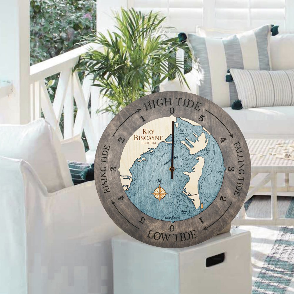 Key Biscayne Tide Clock Driftwood Accent with Blue Green Water Sitting on End Table