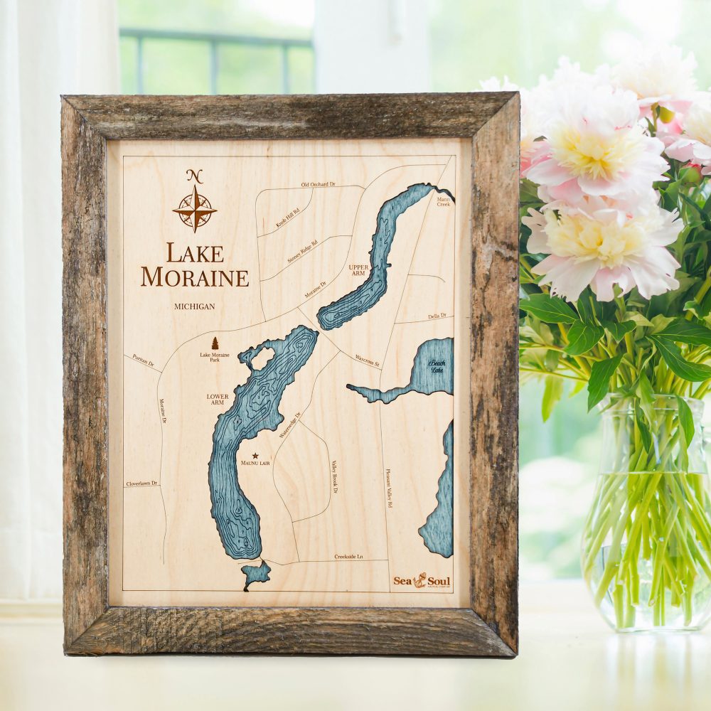 Lake Moraine Wall Art 13x16 Rustic Pine with Blue Green Water Sitting on Windowsill with Flowers