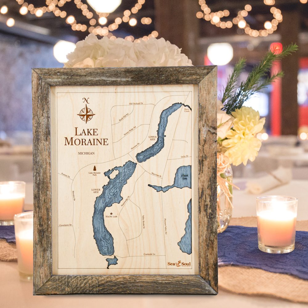Lake Moraine Wall Art 13x16 Rustic Pine with Deep Blue Water Sitting on Table with Candles and Flowers