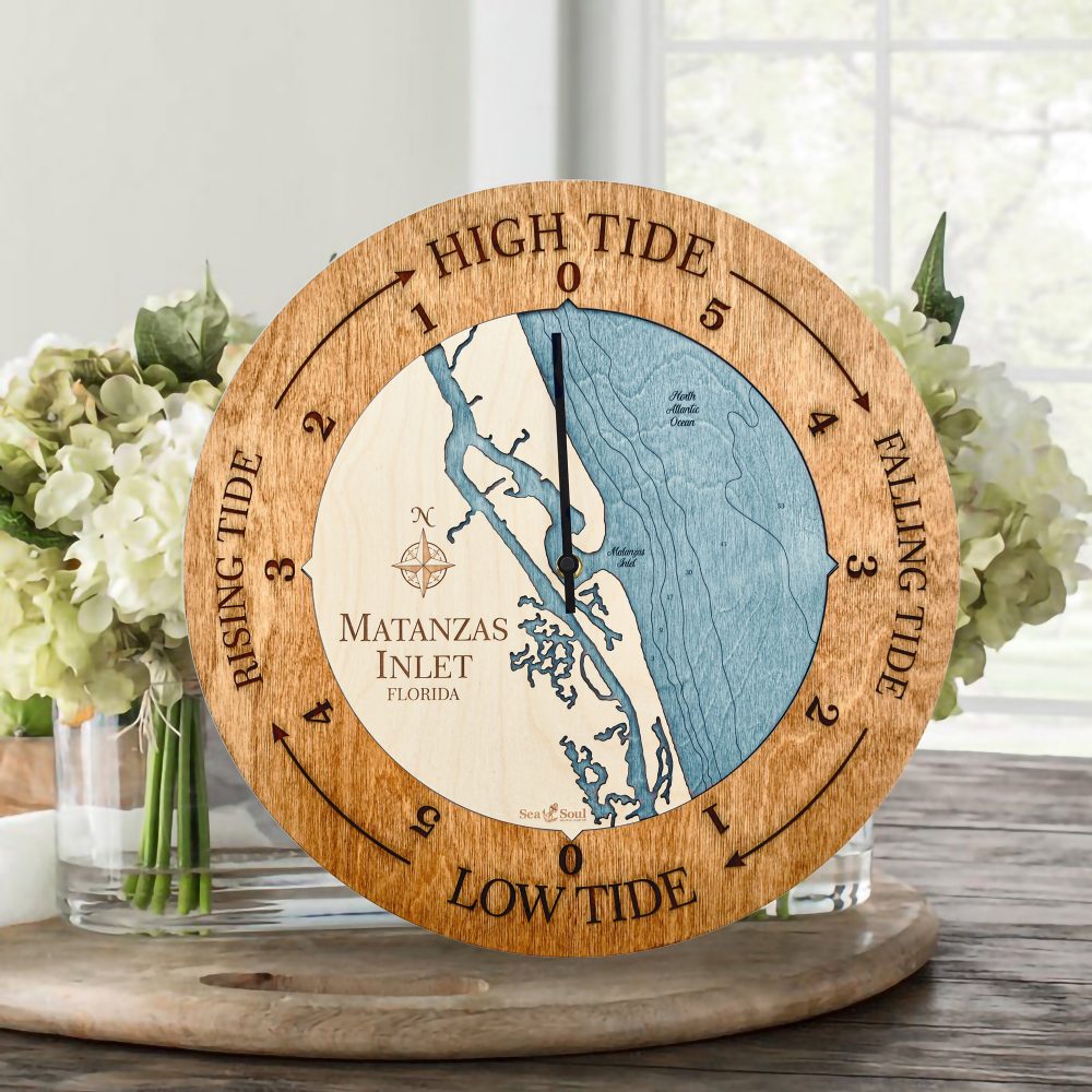 Matanzas Inlet Tide Clock Americana Accent with Blue Green Water Sitting on Table with Flowers