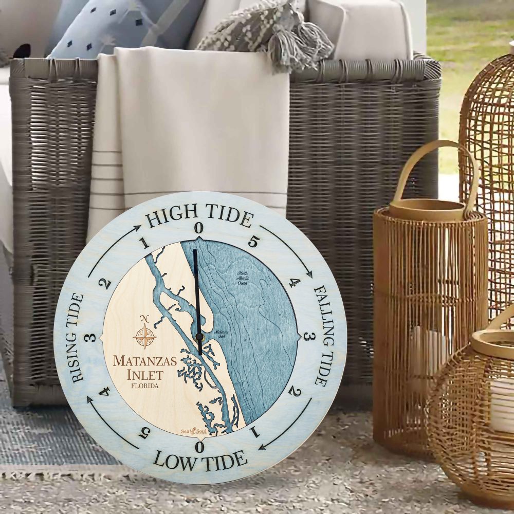 Matanzas Inlet Tide Clock Bleach Blue Accent with Blue Green Water Sitting on Floor by Wicker Chair