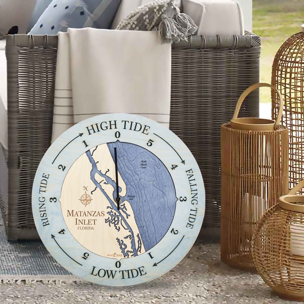 Matanzas Inlet Tide Clock Bleach Blue Accent with Deep Blue Water Sitting on Ground by Wicker Chair