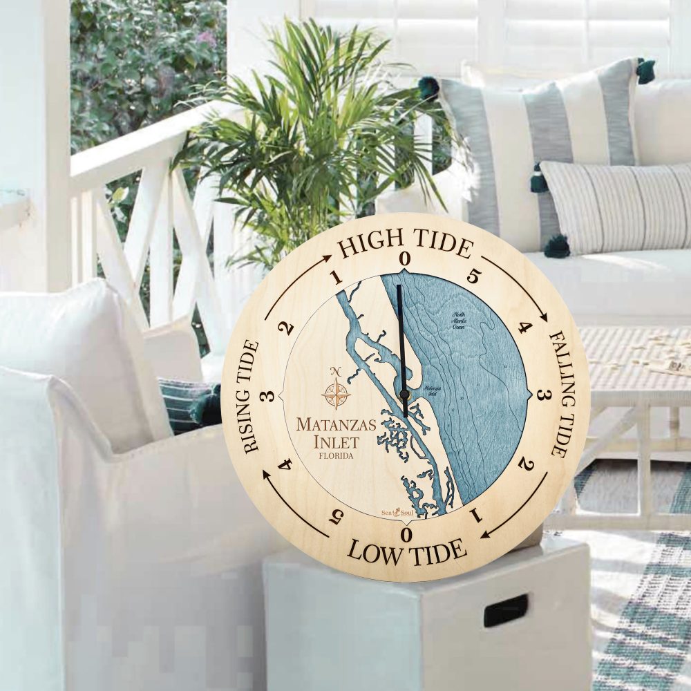 Matanzas Inlet Tide Clock Birch Accent with Blue Green Water Sitting on End Table