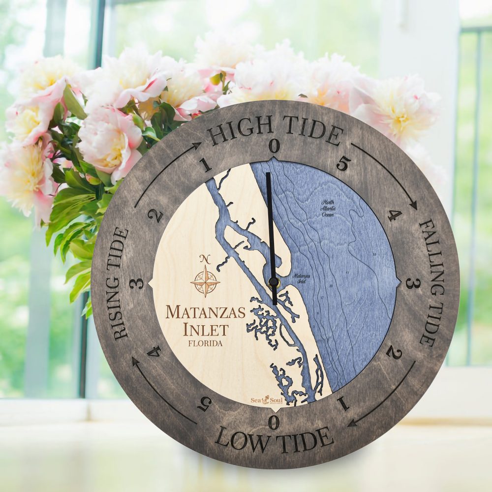 Matanzas Inlet Tide Clock Driftwood Accent with Deep Blue Water Sitting on Table with Flowers