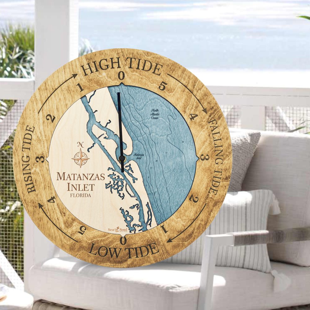 Matanzas Inlet Tide Clock Honey Accent with Blue Green Water Sitting on Outdoor Chair