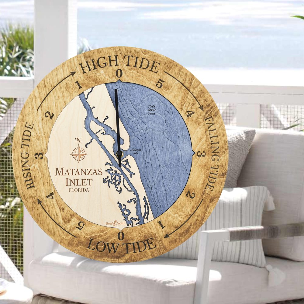 Matanzas Inlet Tide Clock Honey Accent with Deep Blue Water Sitting on Outdoor Chair