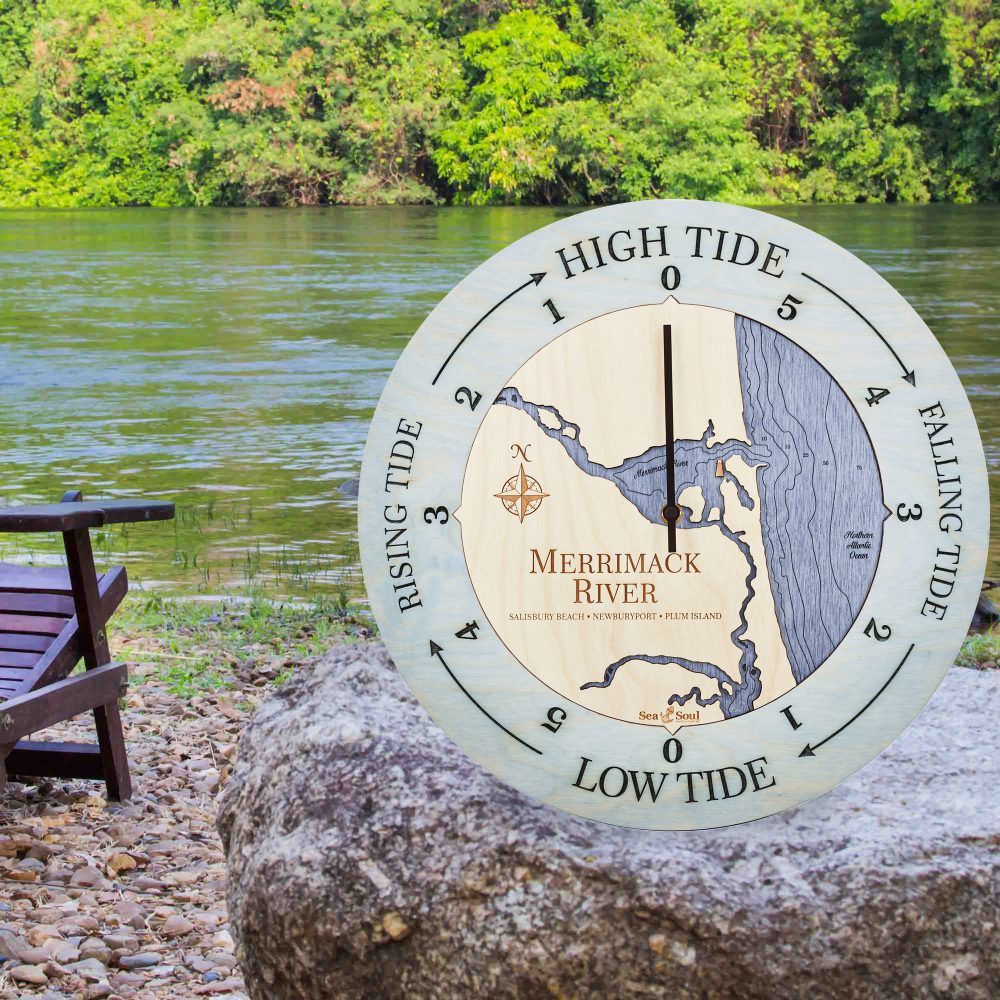 Merrimack River Tide Clock Bleach Blue Accent with Deep Blue Water Sitting on Rock by River