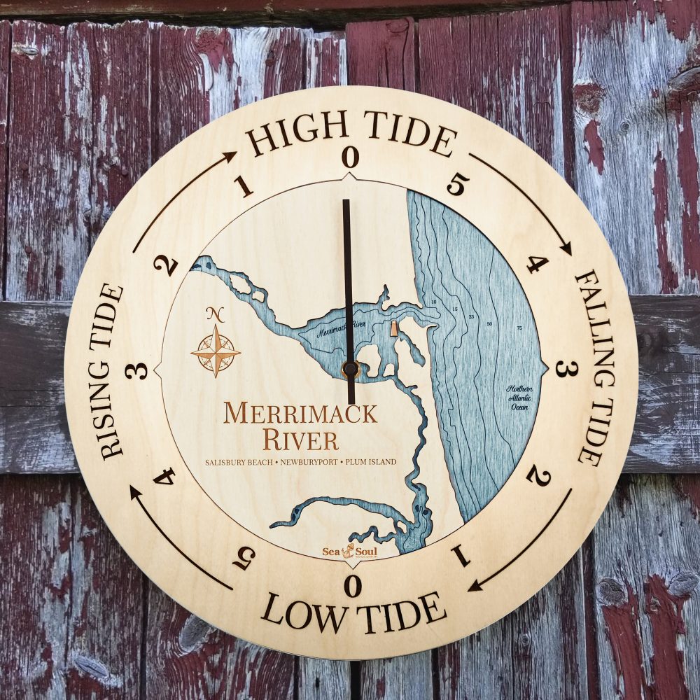 Merrimack River Tide Clock Birch Accent with Blue Green Water Hanging on Fence