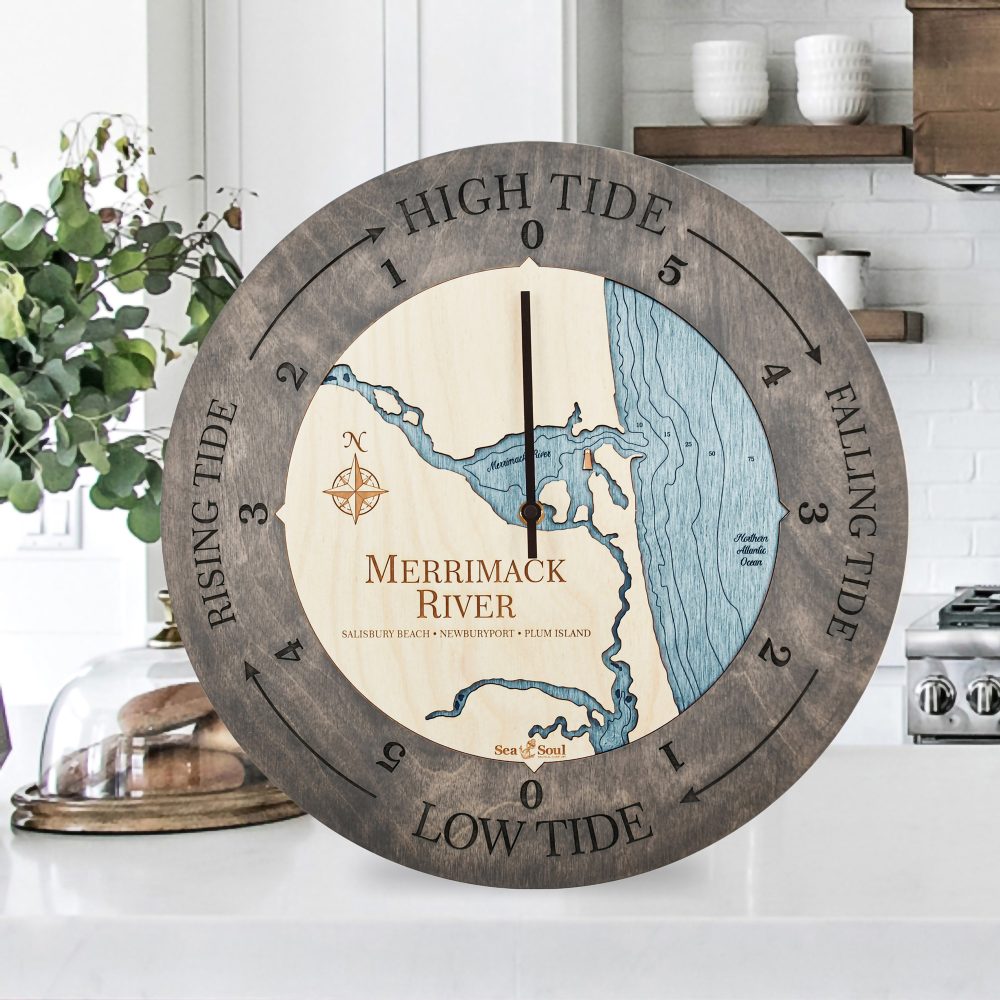 Merrimack River Tide Clock Driftwood Accent with Blue Green Water Sitting on Countertop
