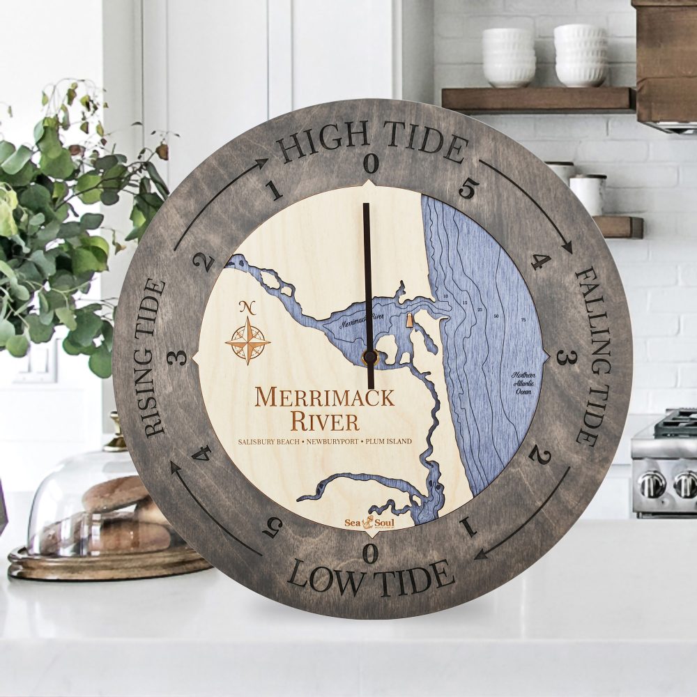 Merrimack River Tide Clock Driftwood Accent with Deep Blue Water Sitting on Countertop