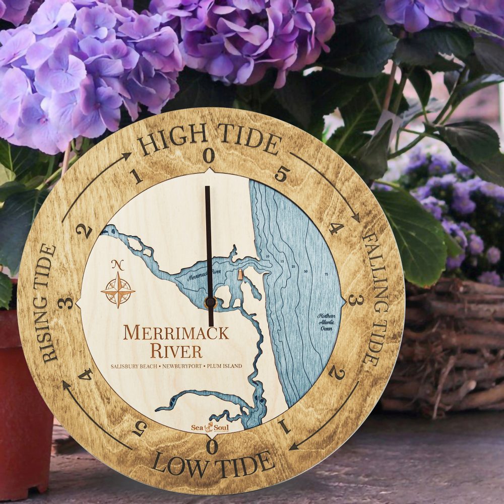 Merrimack River Tide Clock Honey Accent with Blue Green Water Sitting on Ground by Flower Pot