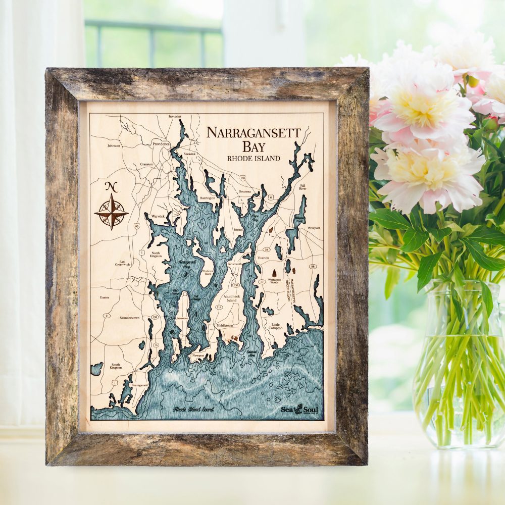 Narragansett Bay Wall Art 13x16 Rustic Pine Accent with Blue Green Water Sitting on Windowsill with Flowers
