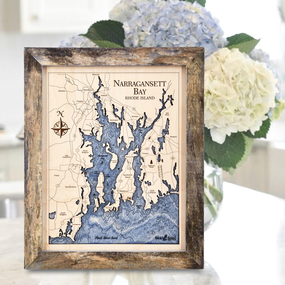 Narragansett Bay Wall Art 13x16 Rustic Pine Accent with Deep Blue Water Sitting on Countertop with Flowers