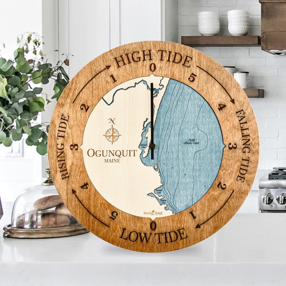 Ogunquit Maine Tide Clock Americana Accent with Blue Green Water Sitting on Countertop