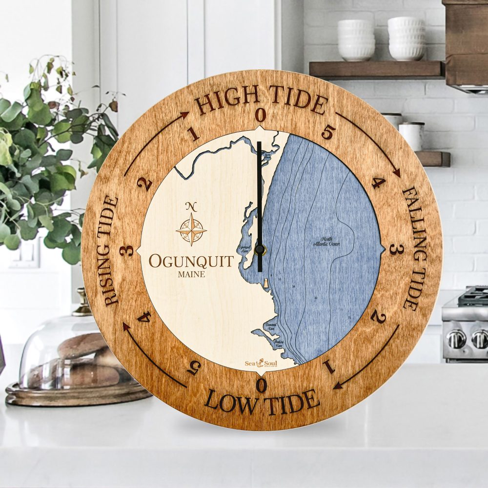 Ogunquit Maine Tide Clock Americana Accent with Deep Blue Water Sitting on Countertop