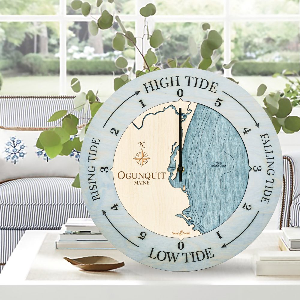 Ogunquit Maine Tide Clock Bleach Blue Accent with Blue Green Water Sitting on Coffee Table