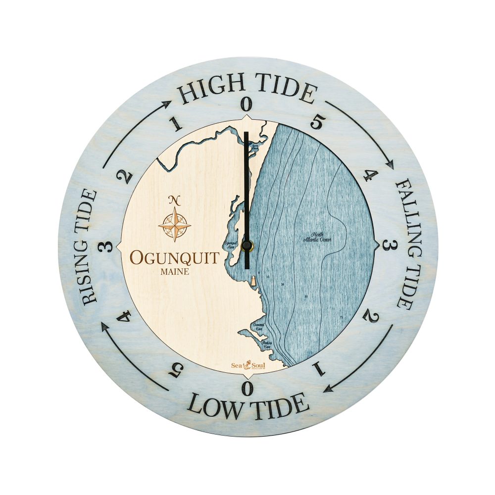Ogunquit Maine Tide Clock Bleach Blue Accent with Blue Green Water