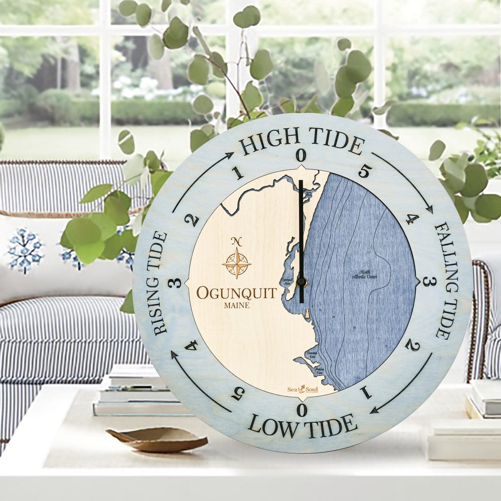 Ogunquit Maine Tide Clock Bleach Blue Accent with Deep Blue Water Sitting on Coffee Table