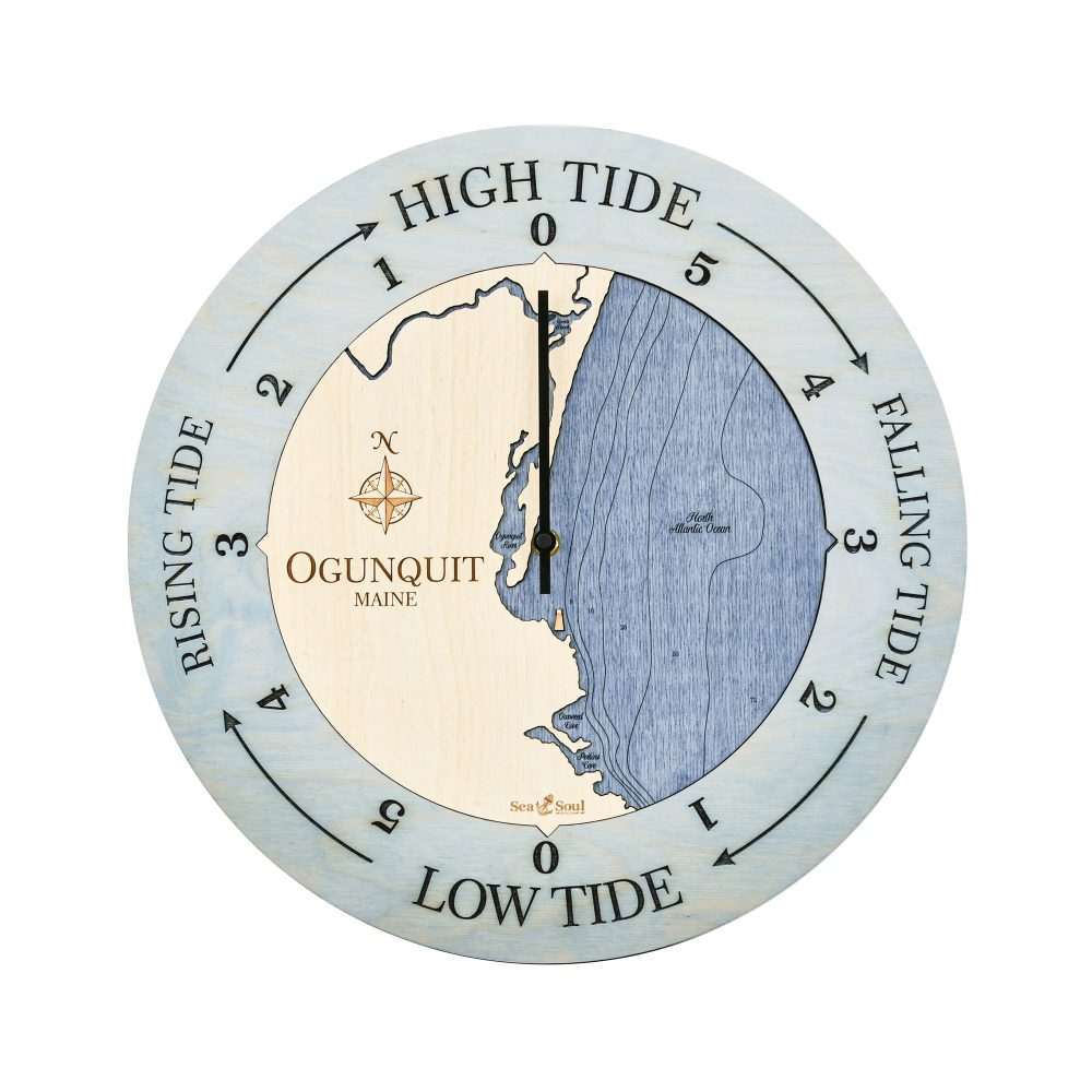 Ogunquit Maine Tide Clock Bleach Blue Accent with Deep Blue Water