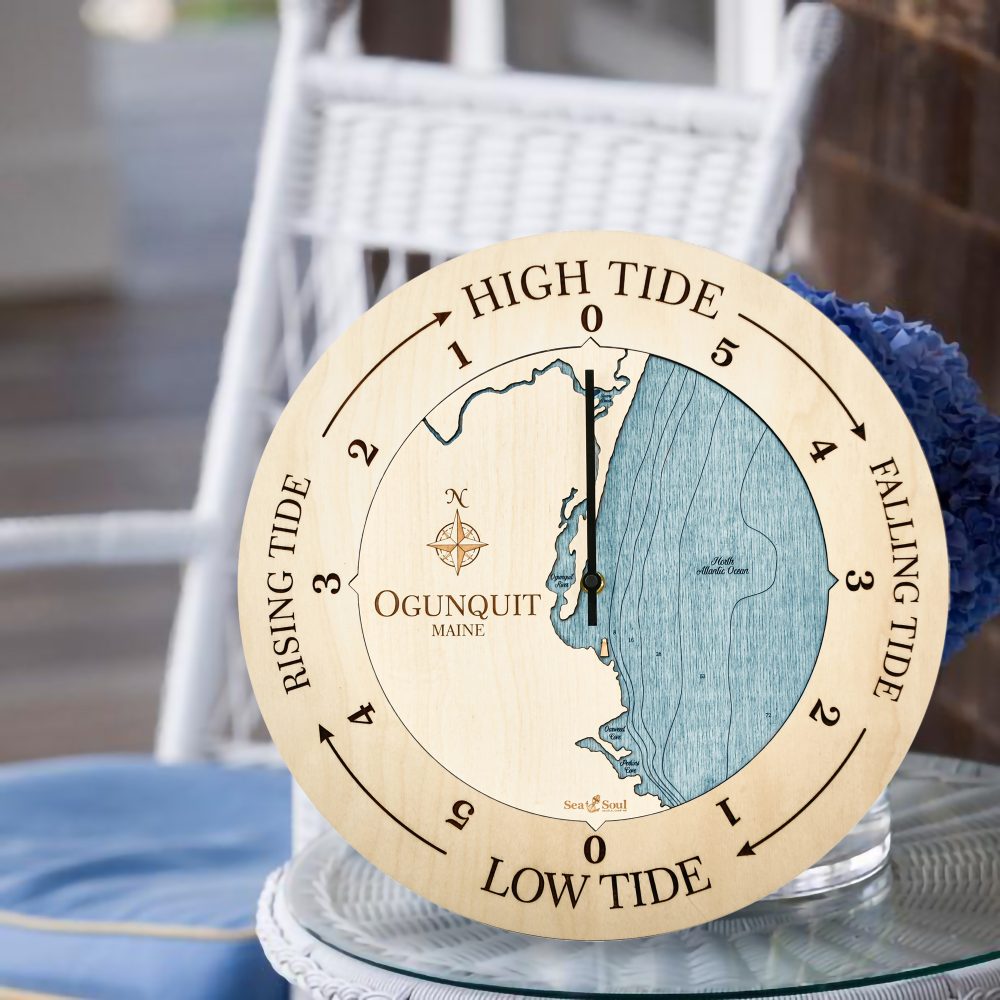 Ogunquit Maine Tide Clock Birch Accent with Blue Green Water Sitting on Table with Flowers