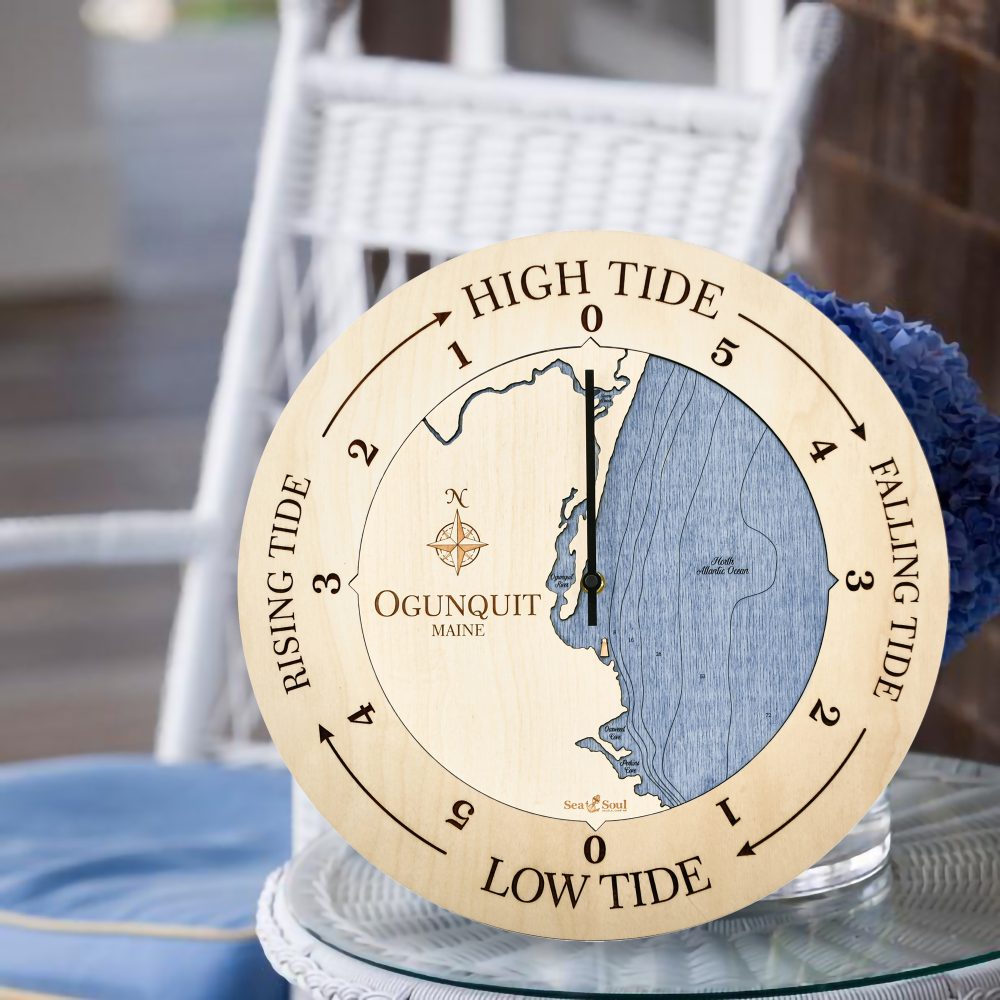 Ogunquit Maine Tide Clock Birch Accent with Deep Blue Water Sitting on Table with Flowers