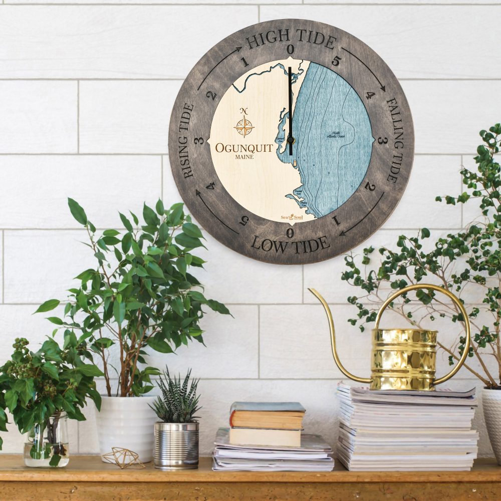 Ogunquit Maine Tide Clock Driftwood Accent with Blue Green Water Hanging on Wall
