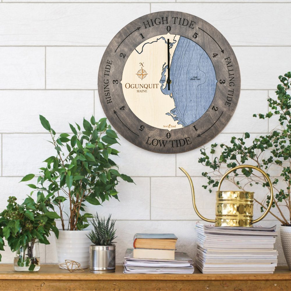 Ogunquit Maine Tide Clock Driftwood Accent with Deep Blue Water Hanging on Wall