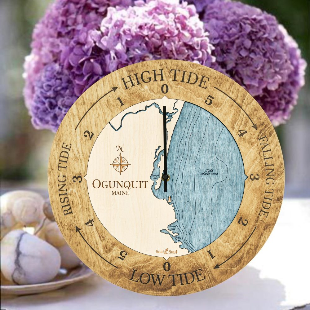 Ogunquit Tide Clock Honey Accent with Blue Green Water Sitting on Table with Flowers