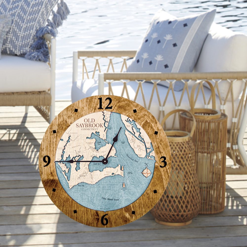 Old Saybrook Nautical Clock Americana Accent with Blue Green Water Sitting on Floor by Outdoor Chair