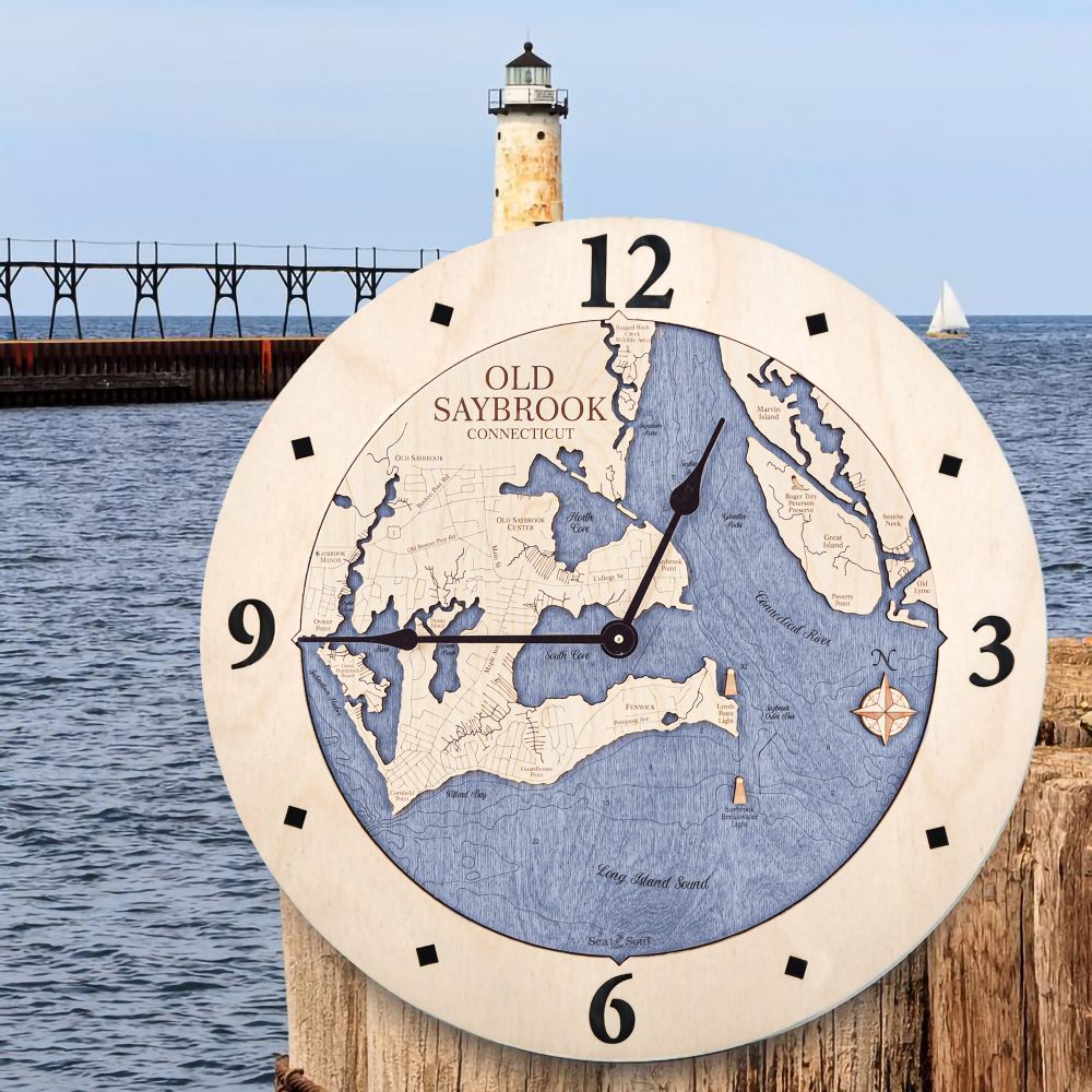 Old Saybrook Nautical Clock Birch Accent with Deep Blue Water Hanging on Dock Post by Waterfront and Lighthouse