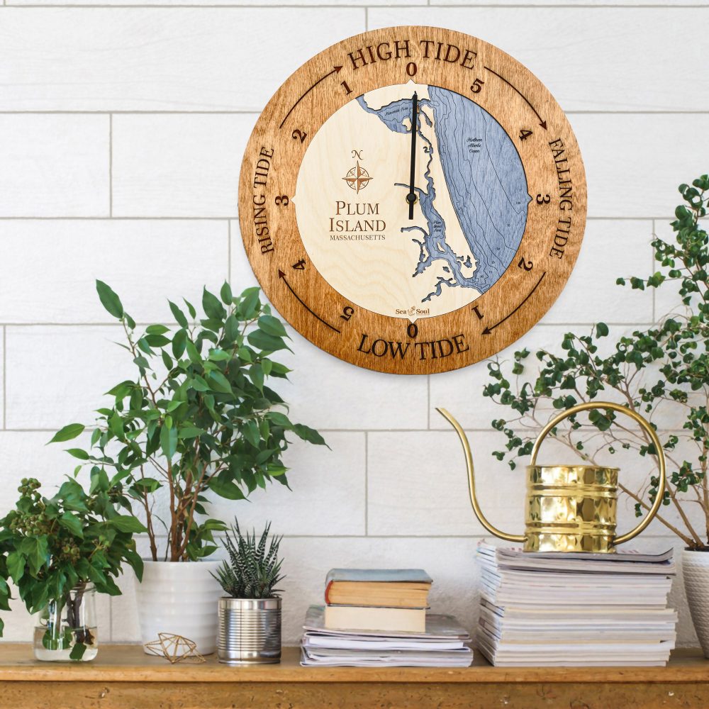 Plum Island Tide Clock Americana Accent with Deep Blue Water Hanging on Wall