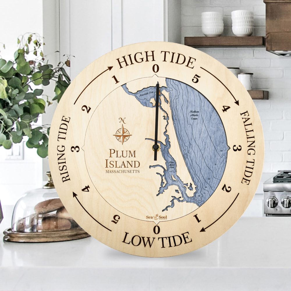 Plum Island Tide Clock Birch Accent with Deep Blue Water Sitting on Countertop