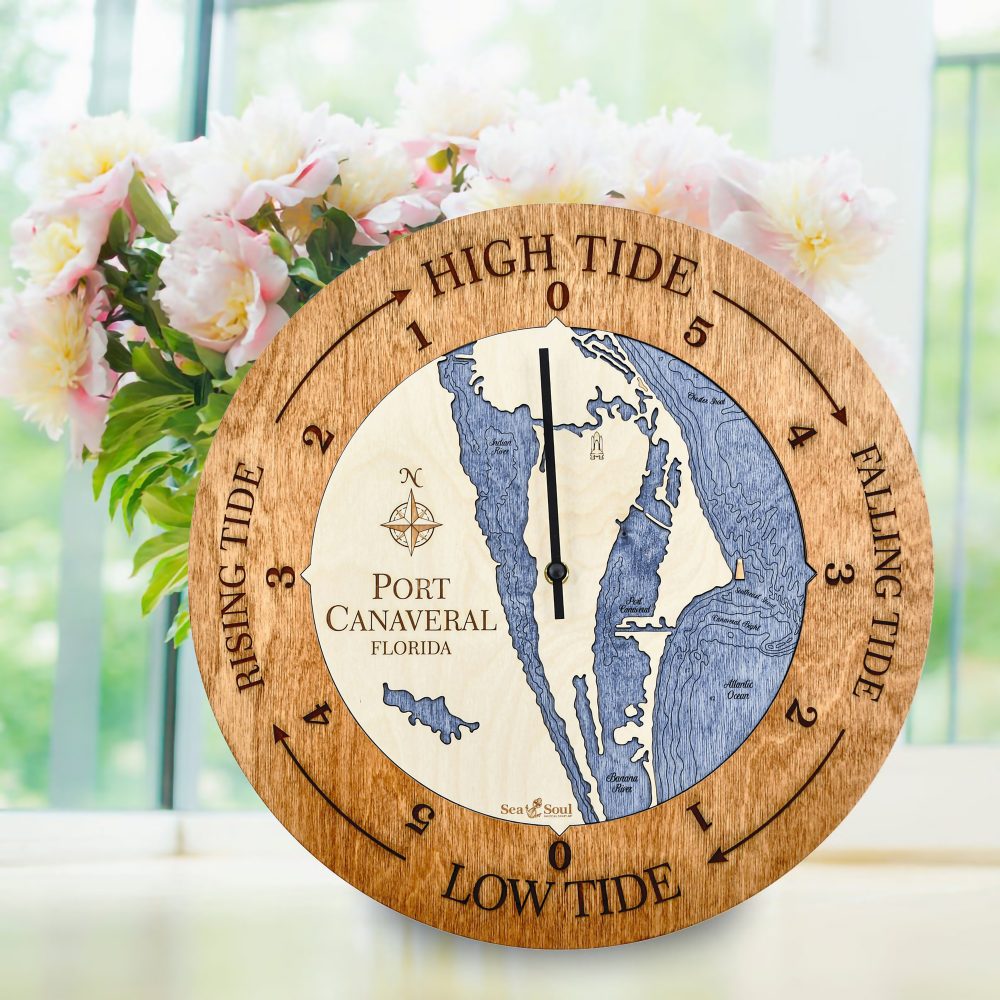 Port Canaveral Tide Clock Americana Accent with Deep Blue Water Sitting on Windowsill with Flowers