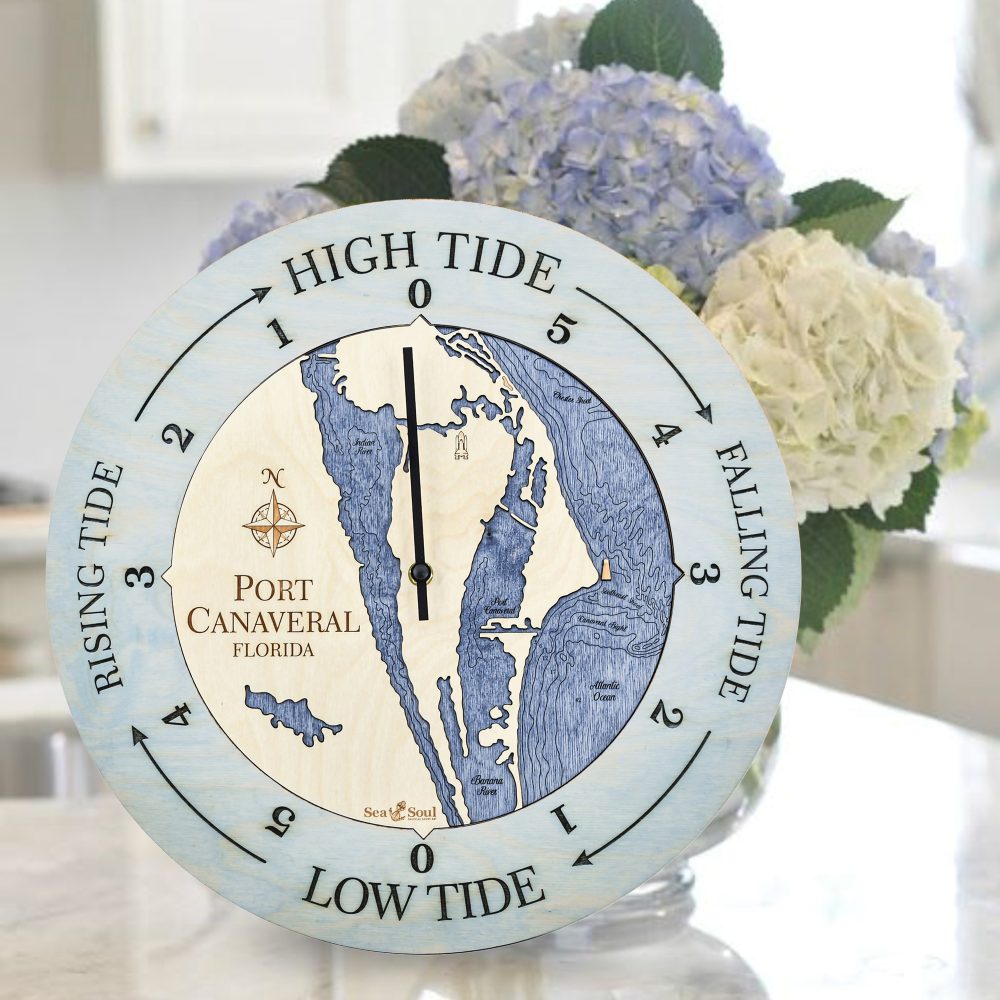 Port Canaveral Tide Clock Bleach Blue Accent with Deep Blue Water Sitting on Countertop