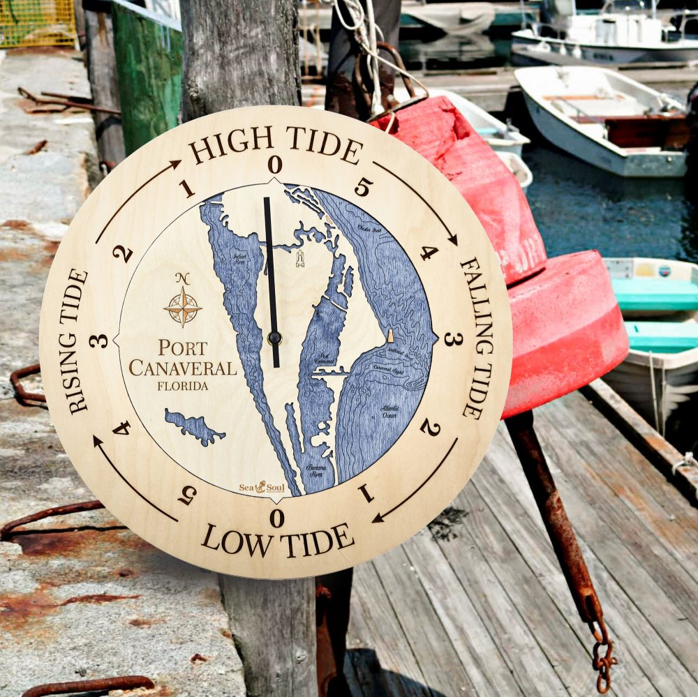 Port Canaveral Tide Clock Birch Accent with Deep Blue Water Hanging on Dock Post