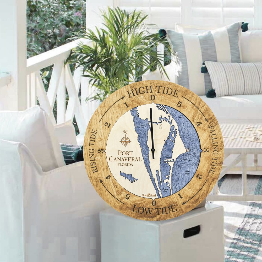 Port Canaveral Tide Clock Honey Accent with Deep Blue Water Sitting on End Table