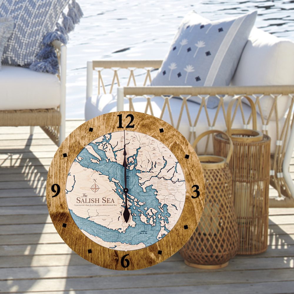 Salish Sea Nautical Clock Americana Accent with Blue Green Water Sitting on Floor by Outdoor Chair