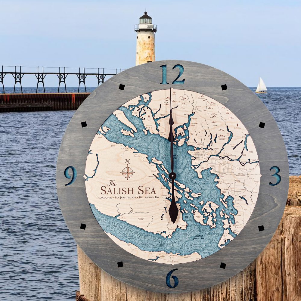 Salish Sea Nautical Clock Driftwood Accent with Blue Green Water Hanging on Dock Post by Waterfront and Lighthouse