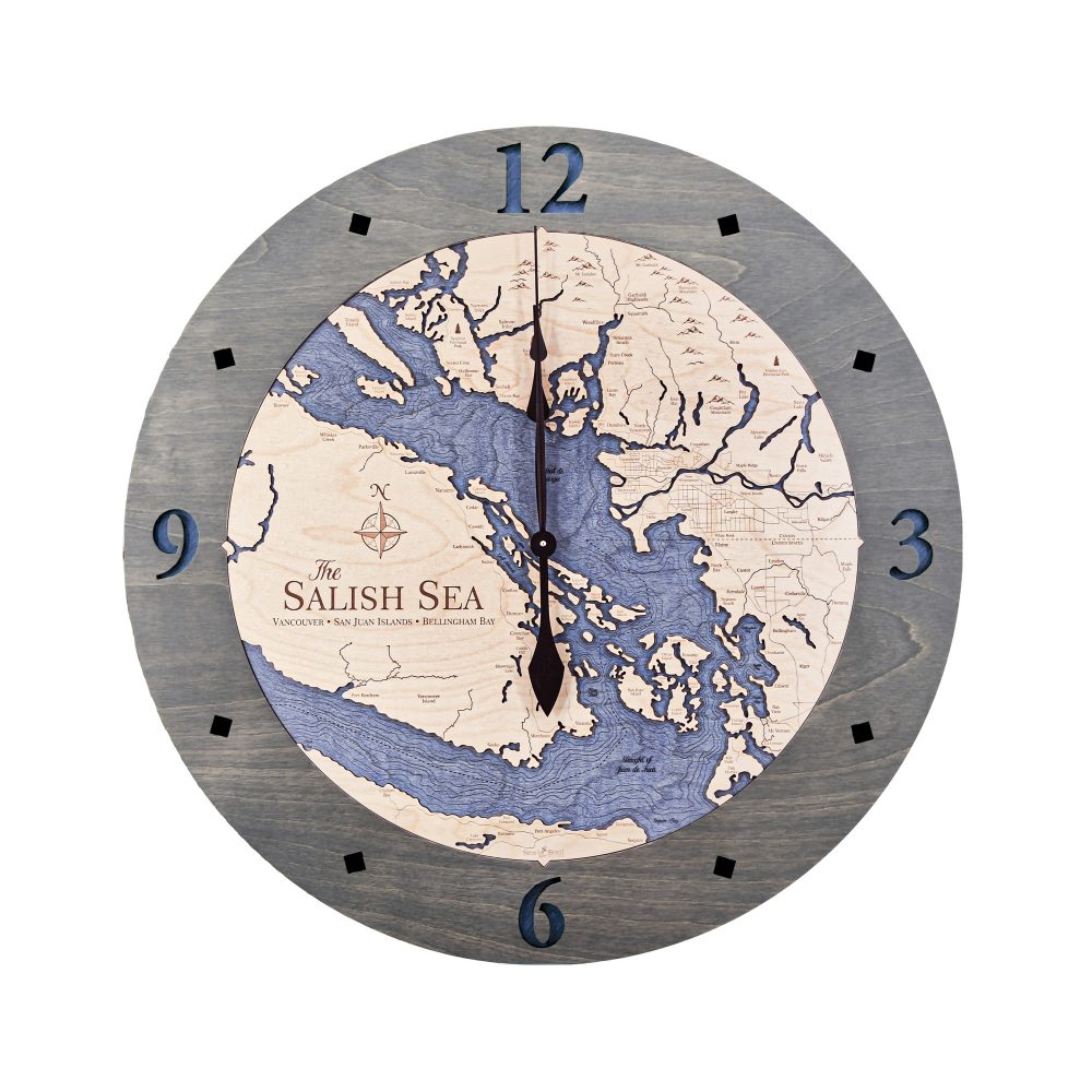 Salish Sea Nautical Clock Driftwood Accent with Deep Blue Water
