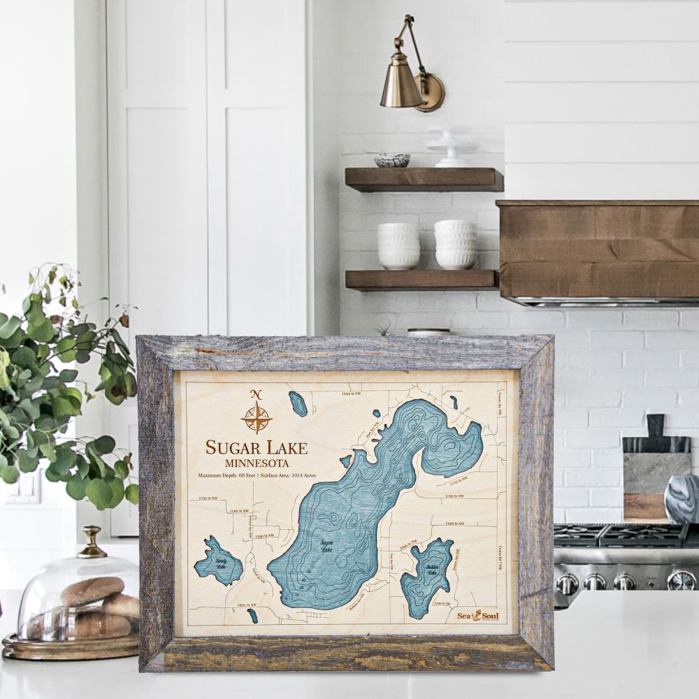 Sugar Lake Wall Art 13x16 Rustic Pine Accent with Blue Green Water Sitting on Countertop