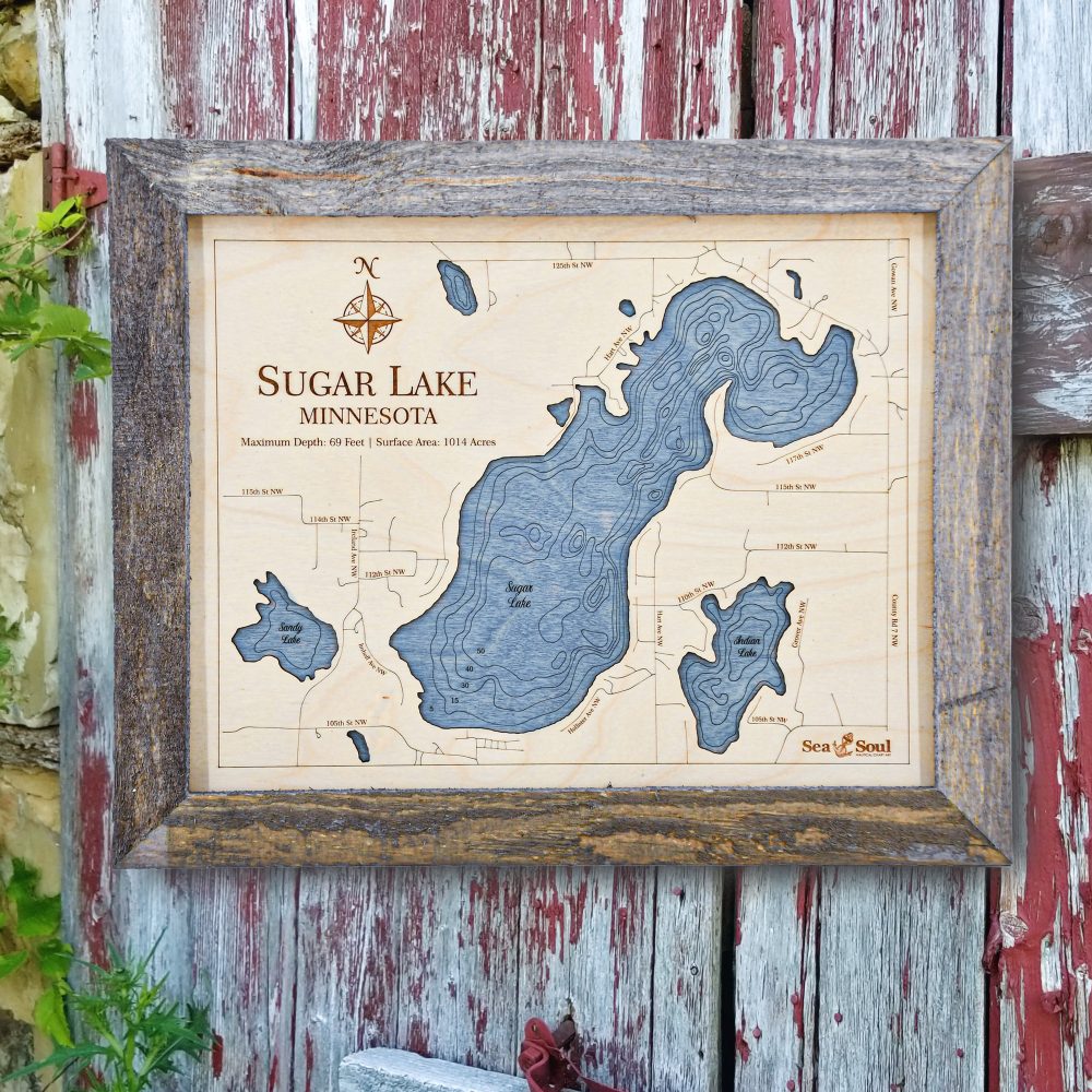Sugar Lake Wall Art 13x16 Rustic Pine Accent with Deep Blue Water Hanging on Fence